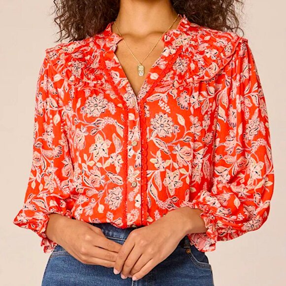 Democracy Poppy Red Multi Print 3/4 Sleeve Button Down Women's Top Size 2X - Picture 1 of 16